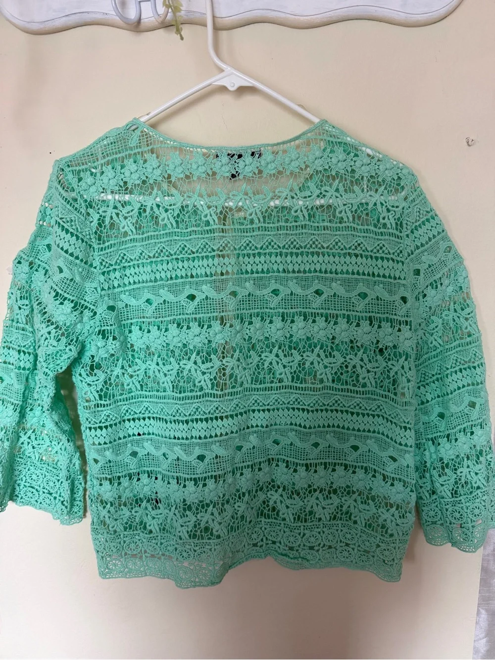 Vintage Style Alfani Mint Crochet Lace Open-Front Cardigan